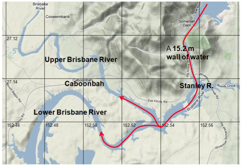 Location of Caboonbah with Upper Brisbane River to to its north. Path of the water which came down the Stanley River is shown in red. 		
 